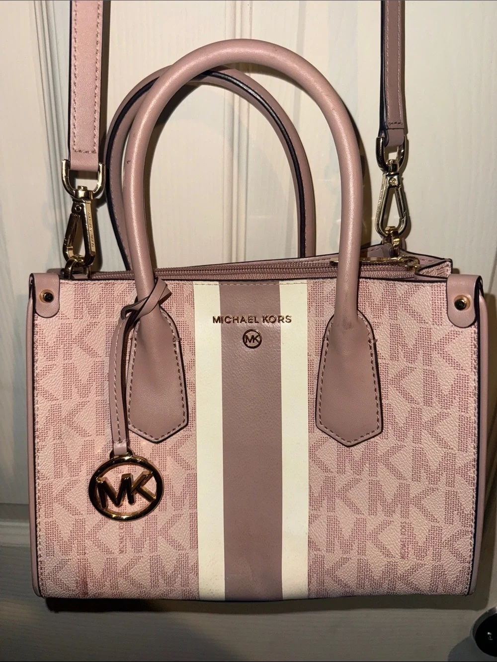 Michael Kors Blush Pink Signature Stripe Satchel